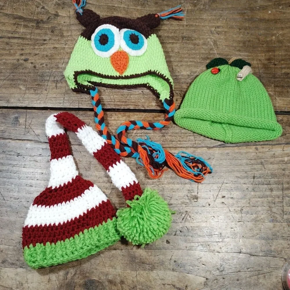 Baby Hand Knit Hat Handmade Crochet Cap Long Tail Christmas Apple Owl Lot New